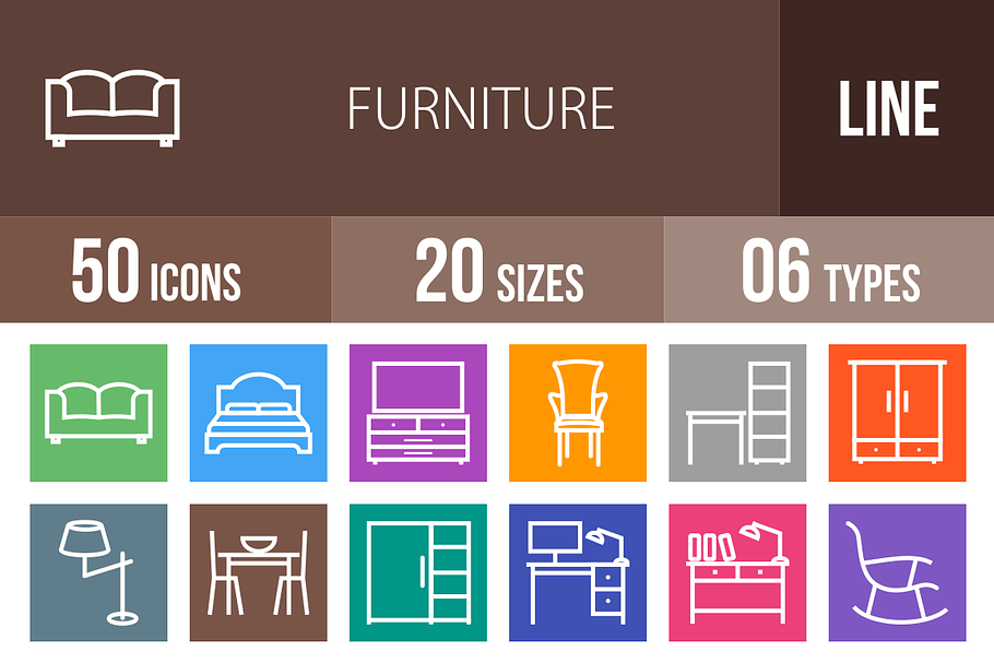 50 Furniture Line Multicolor Icons