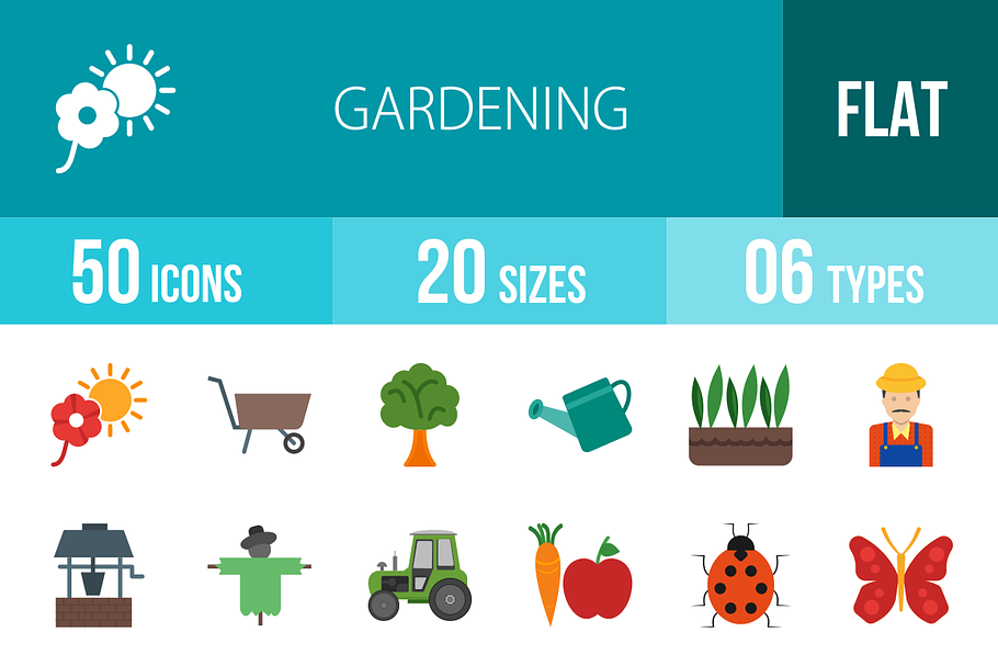 50 Gardening Flat Multicolor Icons