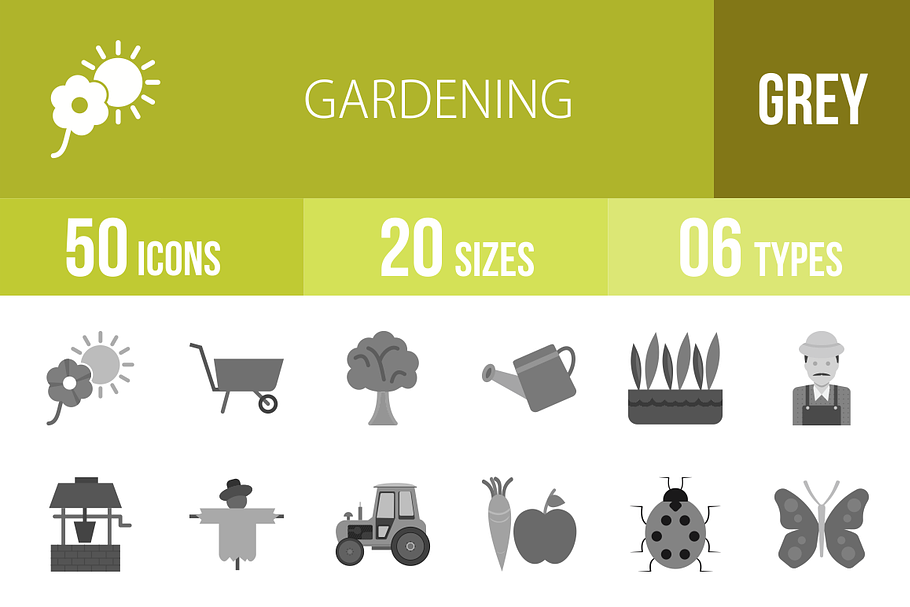 50 Gardening Greyscale Icons