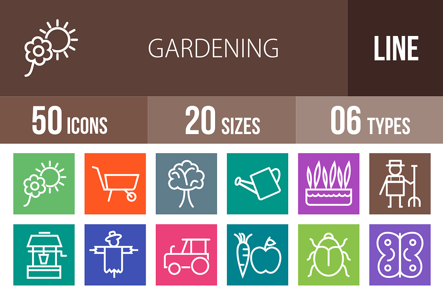 50 Gardening Line Multicolor Icons