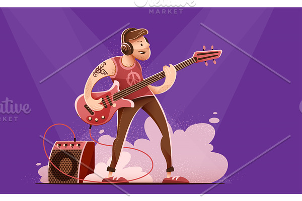 Rock guitar player in headphones.