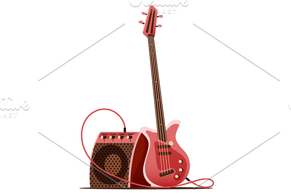 Bass guitar with amplifier. Musical.