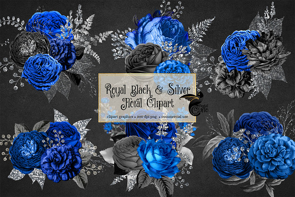 Royal Black & Silver Floral Clipart