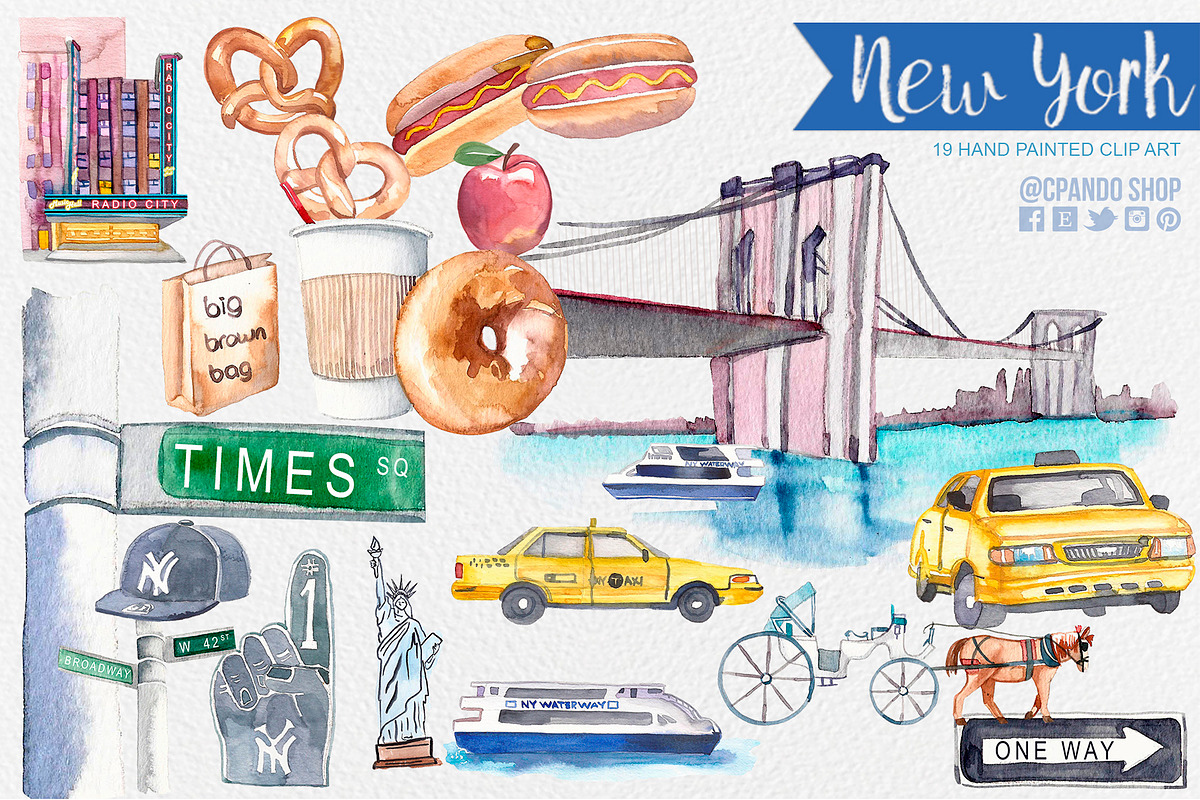 New York watercolor clip art in Illustrations - product preview 8