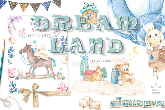 Dream Land Watercolor cute Bunnys in Illustrations - product preview 5