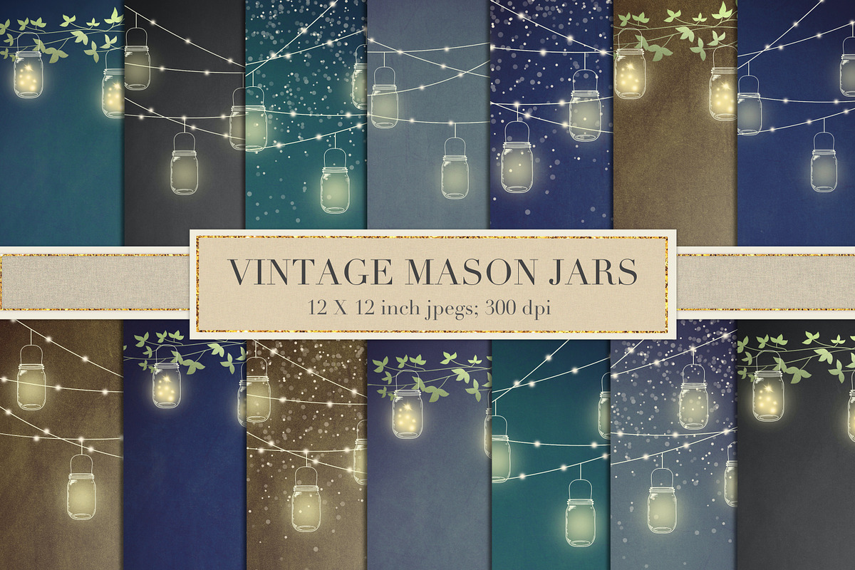 Mason jar lights digital paper in Patterns - product preview 8