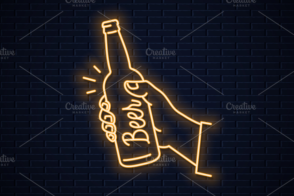 Hand hold beer bottle neon sign. in Illustrations - product preview 8