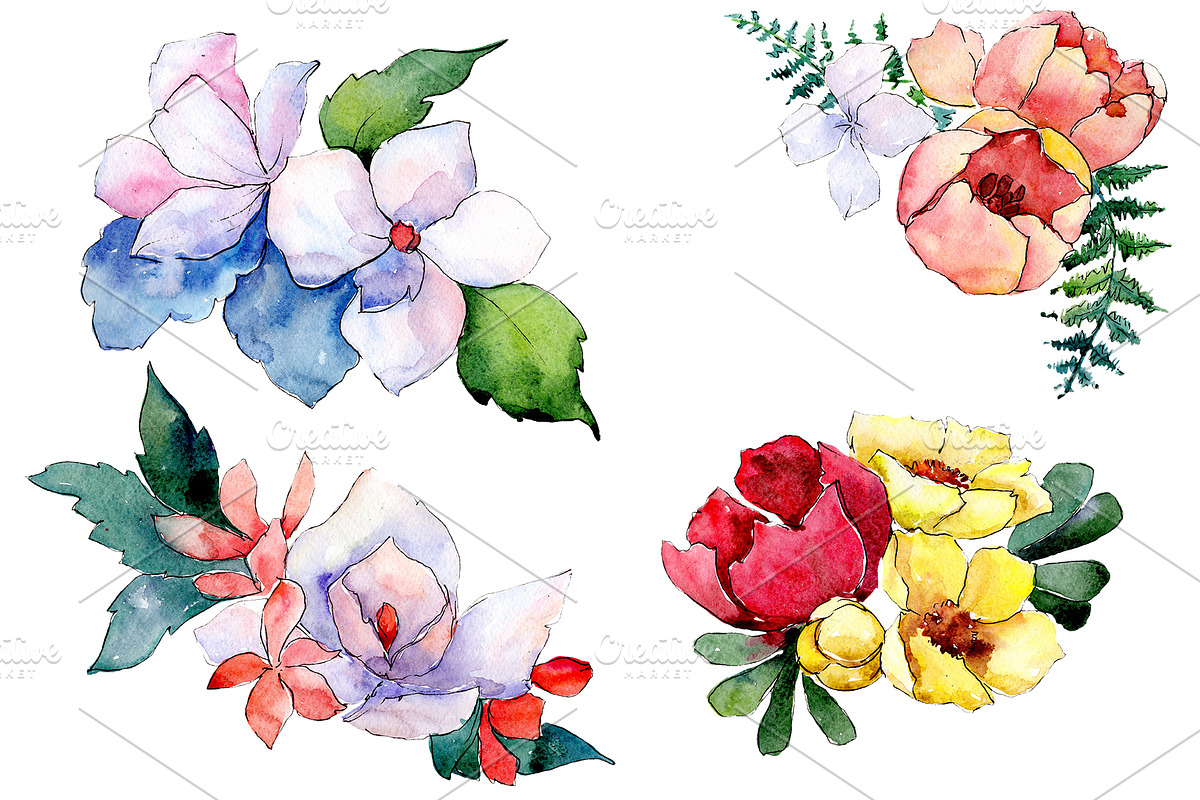Bouquet Folk wisdom watercolor png in Illustrations - product preview 8