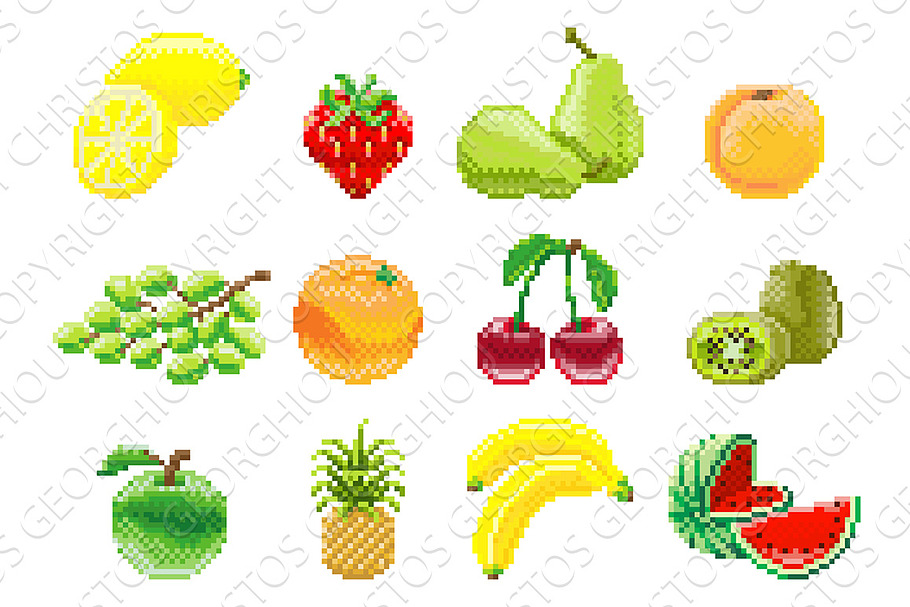 Pixel Art 8 Bit Video Game Fruit Ico