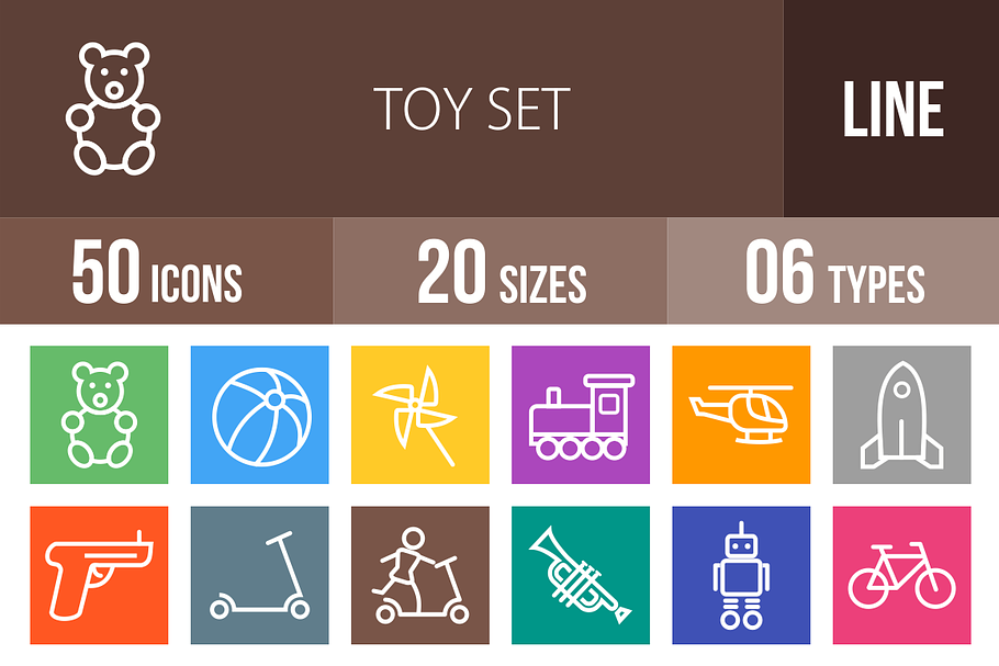 50 Toy Set Line Multicolor Icons