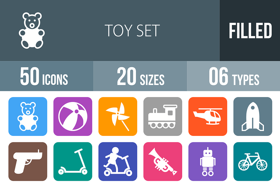 50 Toy Set Flat Round Corner Icons