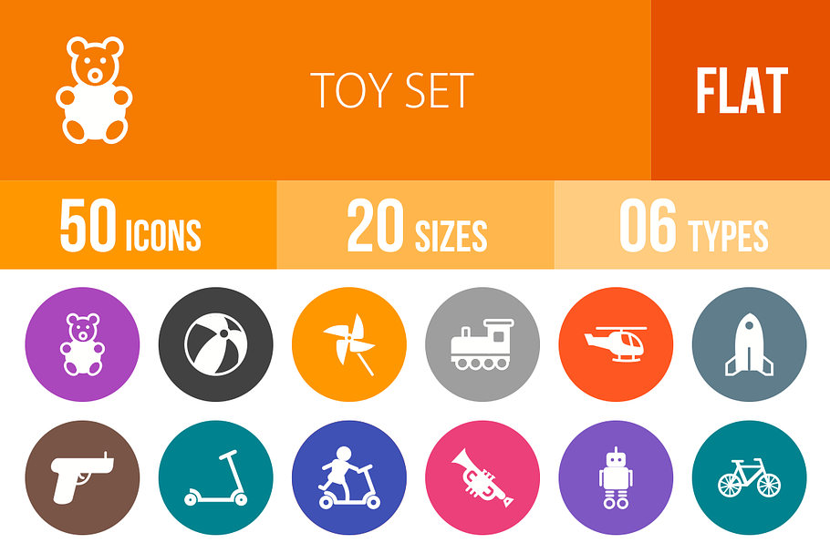 50 Toy Set Flat Round Icons