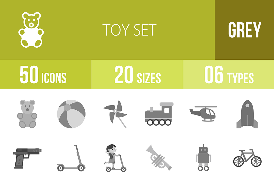 50 Toy Set Greyscale Icons
