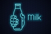 Hand hold milk bottle neon sign.