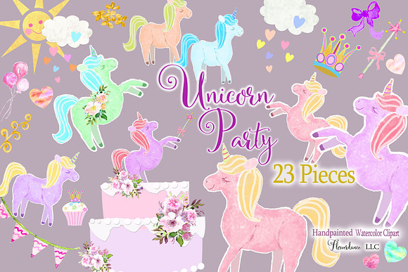 Watercolor Unicorn Clipart in Illustrations - product preview 3