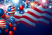 USA flag and balloons with fireworks