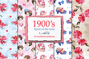 1900's. Watercolor seamless patterns