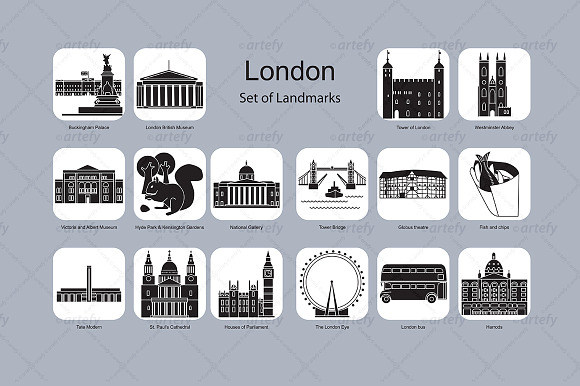 London landmark icons (16x) in Graphics - product preview 1