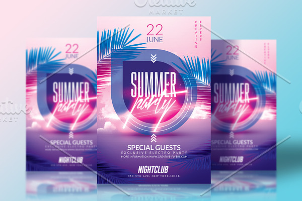 Summer Party Flyer with Neon Lights