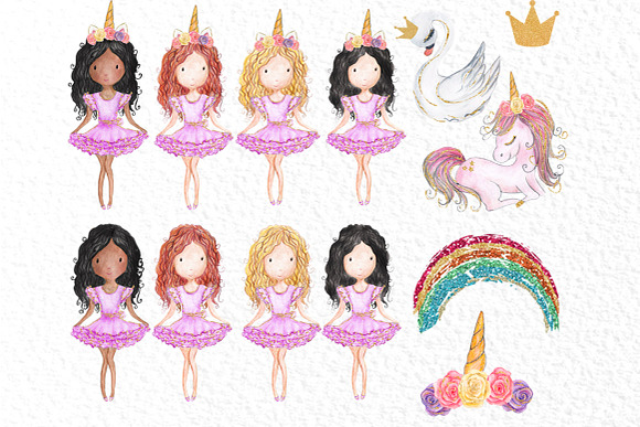 Rainbow Unicorn Clipart Girls in Illustrations - product preview 1