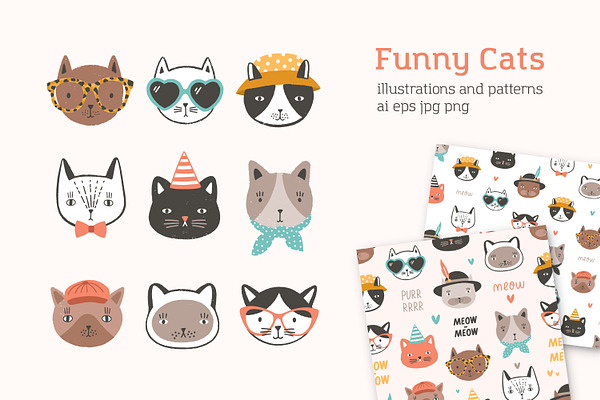 Funny cats set and seamless