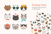 Funny cats set and seamless