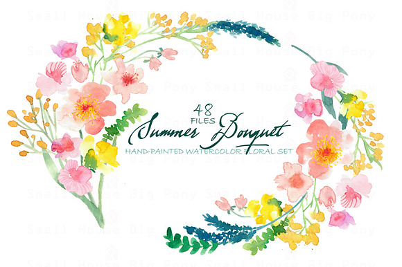 Summer Bouquet - Watercolor Clipart in Illustrations - product preview 3