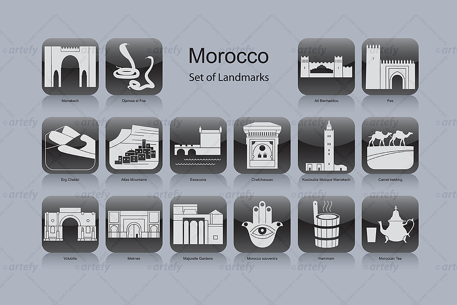 Morocco landmark icons (16x) in Graphics - product preview 8