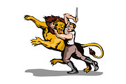 Man Fighting Lion with Dagger