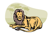 Lion Sitting in Savanna Retro