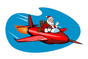 Santa Claus Riding Jet Plane Retro
