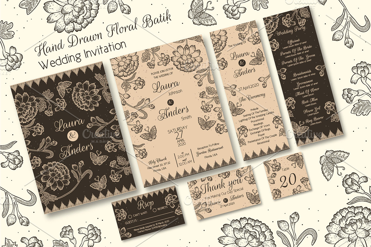 Hand Drawn Floral Batik Wedding Inv. in Wedding Templates - product preview 8