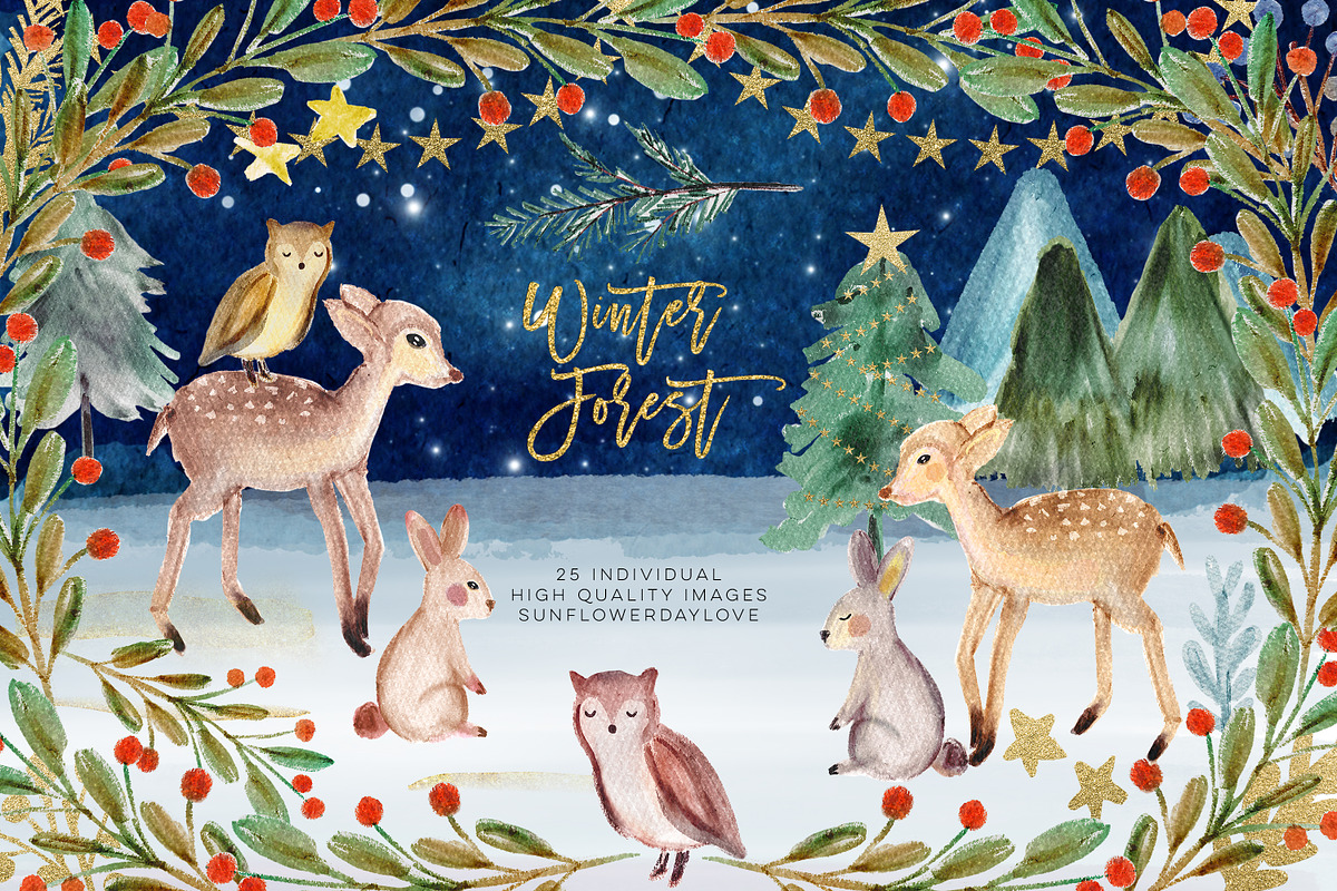 Winter Woodland Animals Clipart in Illustrations - product preview 8