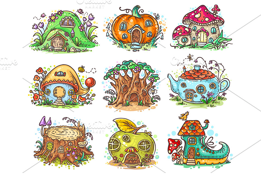 Cute cartoon elven houses in Illustrations - product preview 8