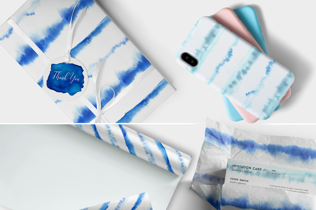 Blue watercolor splotches & stripes in Textures - product preview 8