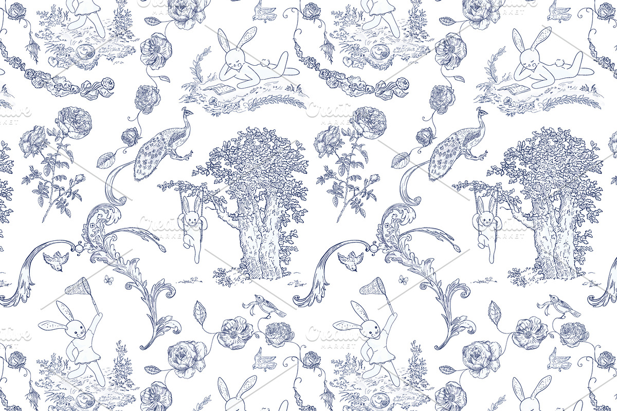 Toile de jouy - Bunnies on picnic in Patterns - product preview 8