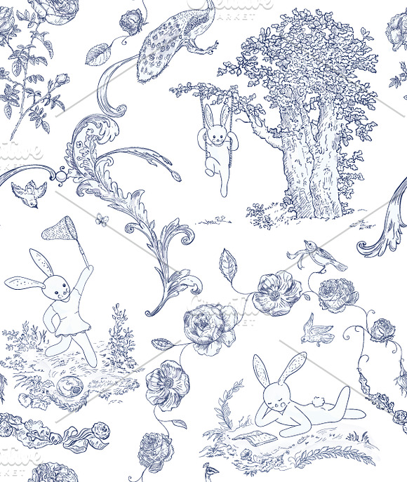 Toile de jouy - Bunnies on picnic in Patterns - product preview 1
