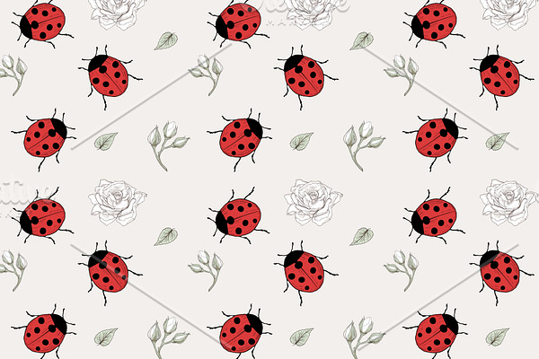 Ladybugs and Roses seamless pattern