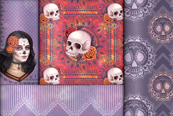 Sugar Skull Seamless Digital Paper in Patterns - product preview 3
