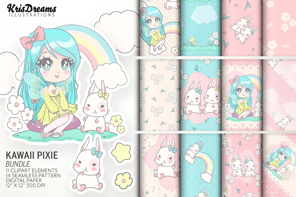 Kawaii Pixie Graphics Bundle in Illustrations - product preview 8