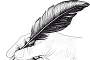 drawing of hand with a feather pen