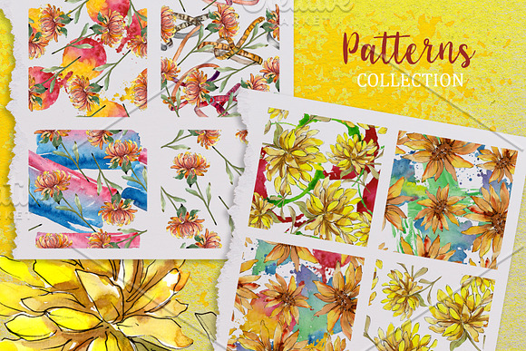 Yellow Watercolor Asters PNG set in Illustrations - product preview 2