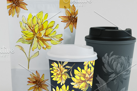 Yellow Watercolor Asters PNG set in Illustrations - product preview 6