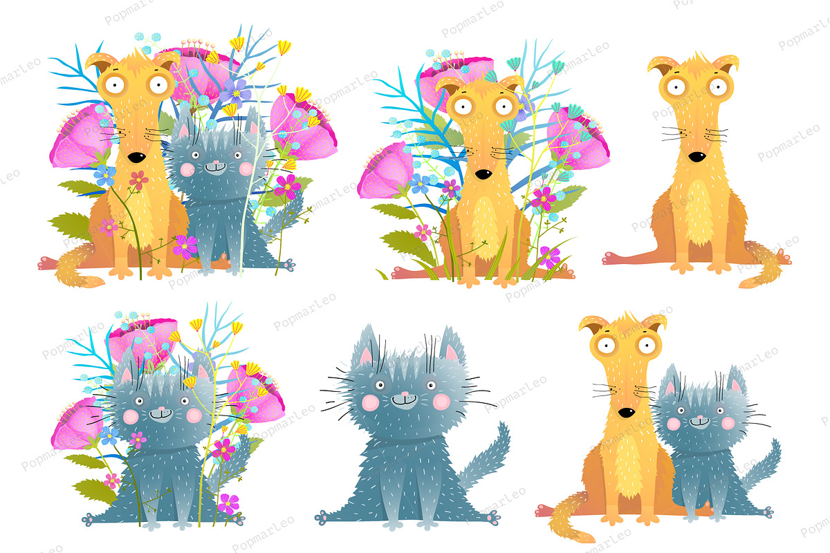 Cat and dog with flowers clip art in Illustrations - product preview 8