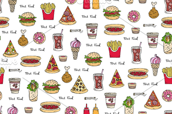Hand drawn pattern with fast food
