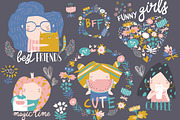 Vector set of cute girls with flower