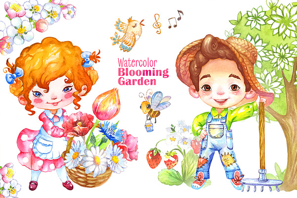 Blooming Garden. Watercolor clipart