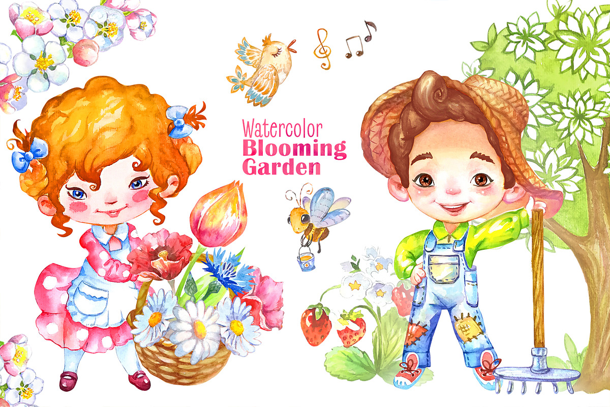 Blooming Garden. Watercolor clipart in Illustrations - product preview 8