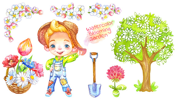 Blooming Garden. Watercolor clipart in Illustrations - product preview 1