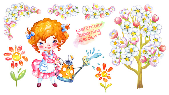 Blooming Garden. Watercolor clipart in Illustrations - product preview 3